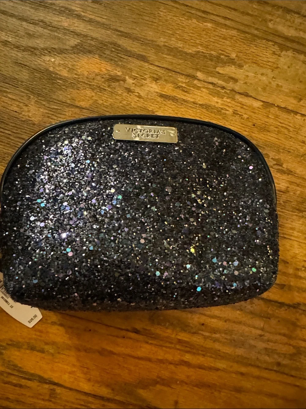 Victoria's Secret Black Sequin Makeup Pouch with Logo Plate - NWT
